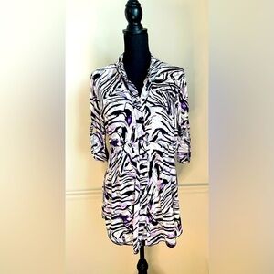 Style & Co. Purple Black Printed Button Down Blouse Top Size L